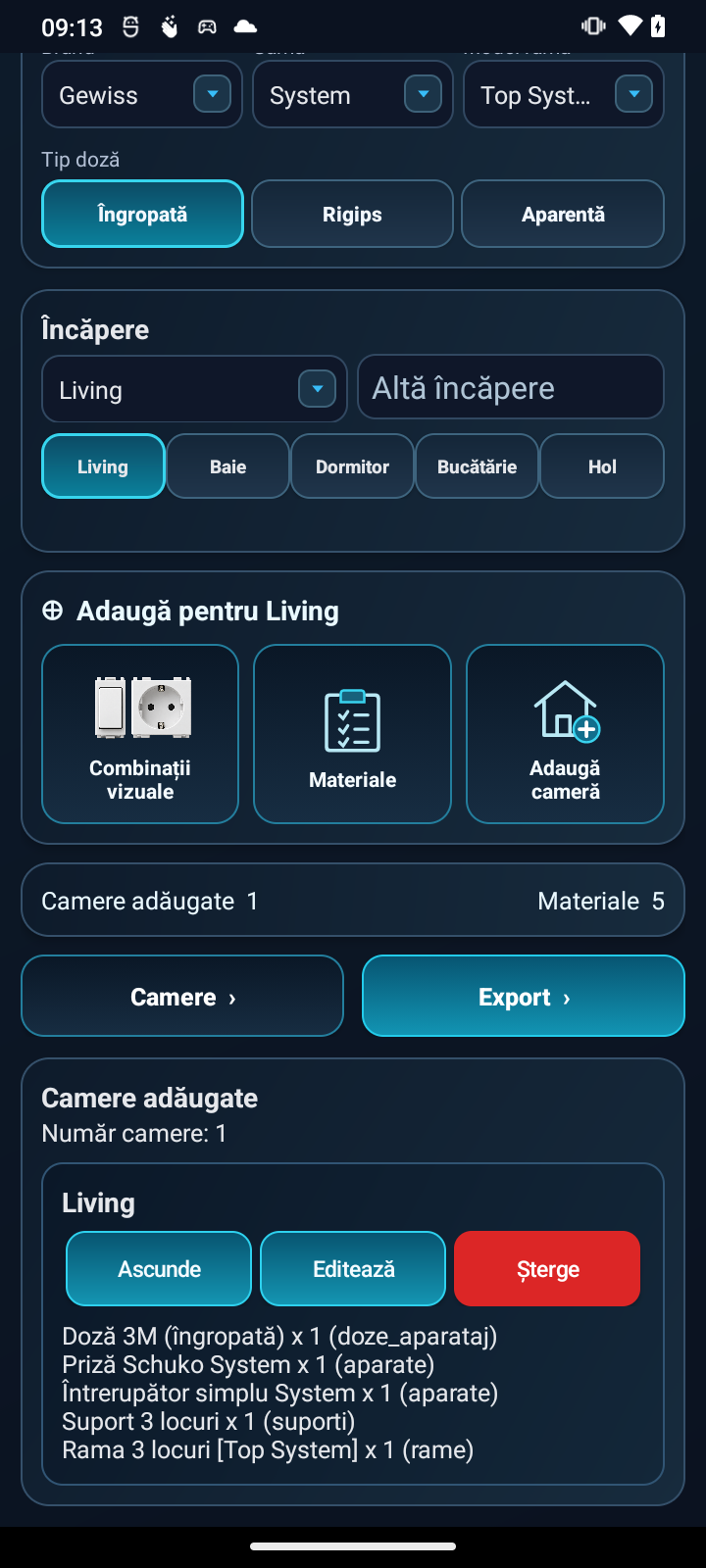 Materialele calculate automat pentru o încăpere